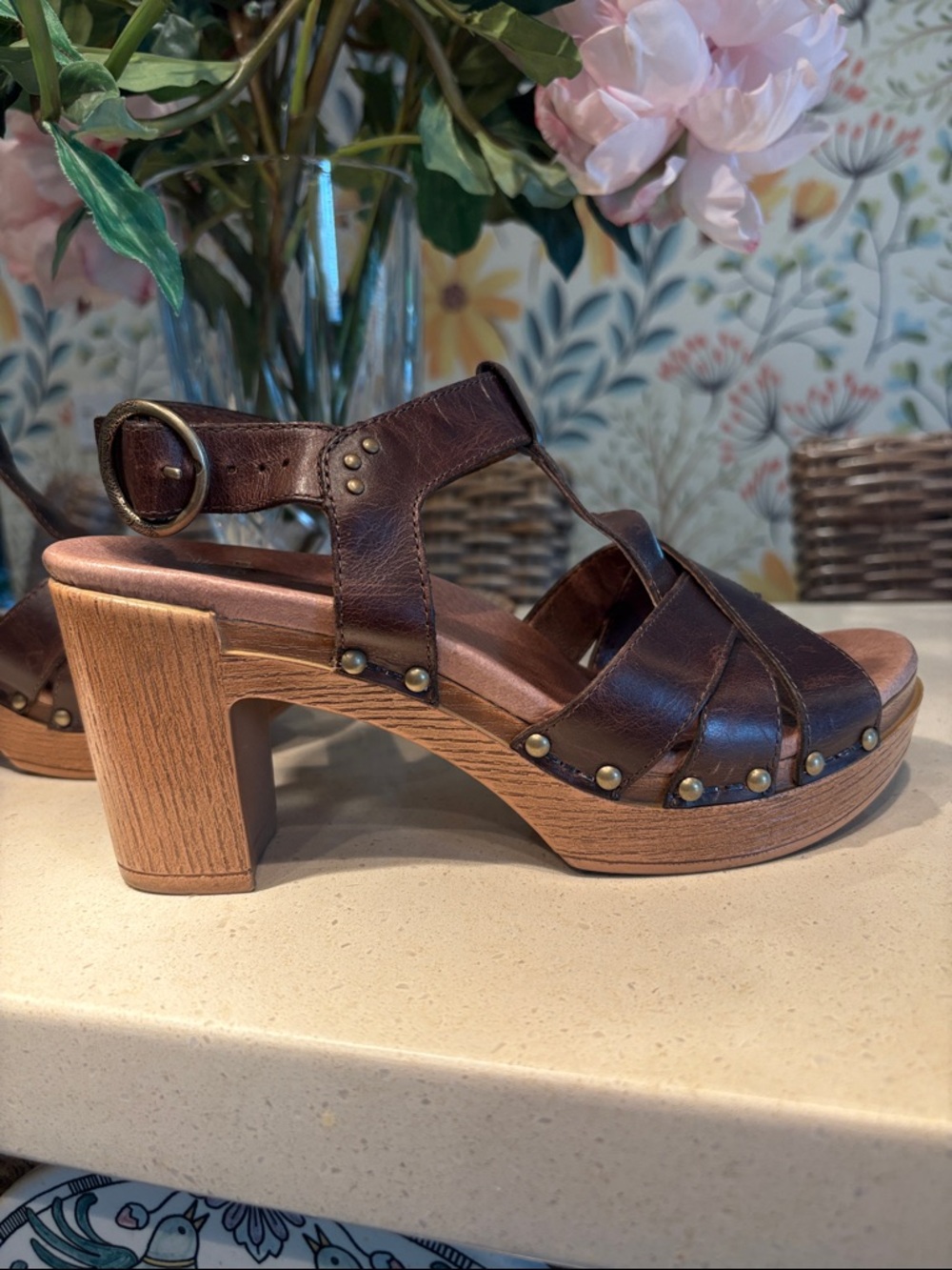 Women’s Brown Leather Studded Clog Sandal